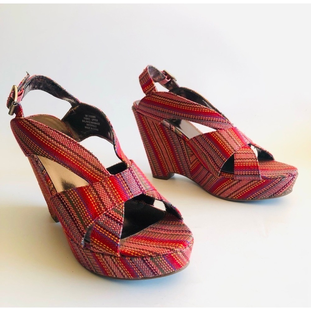 Crown Textile Wedge Platform Sandals 7 Criss Cross Ankle Strap Colorful Boho 7M